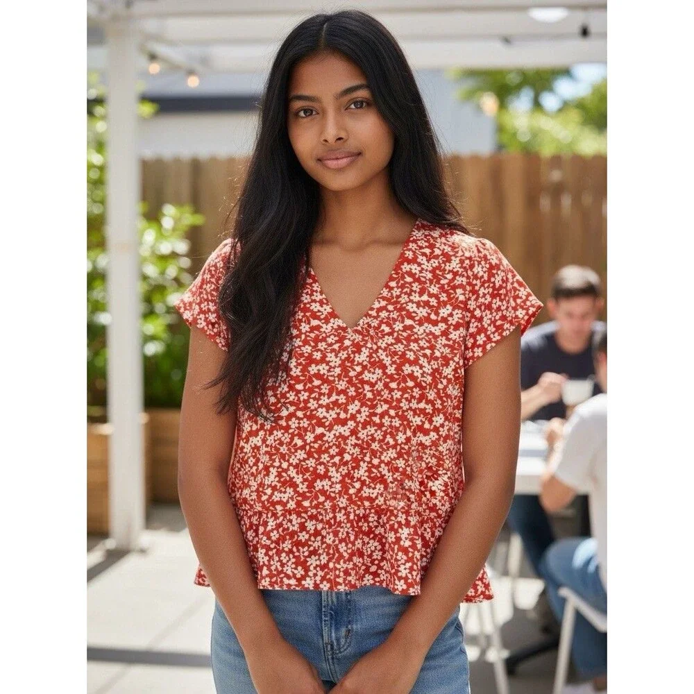 J.Crew Mercantile Women Floral Peplum Blouse V-Neck Short Sleeve Red White XS